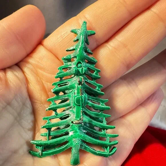 Green Enamel Christmas Tree Brooch with Multicolor Rhinestone Ornaments 2.5 inch - Picture 4 of 4